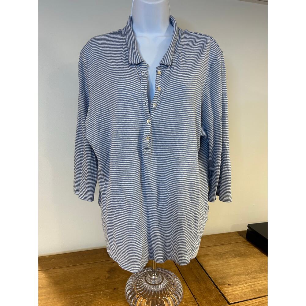 POETRY Sz L/14 100% Linen Blue Striped 3/4 Sleeve V Neck Shirt Women’s Coastal